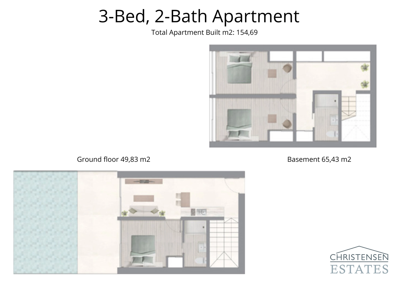 En 3-værelses duplex lejlighedsindretning med direkte terrasseadgang til den fælles swimmingpool, ideel til familieliv.