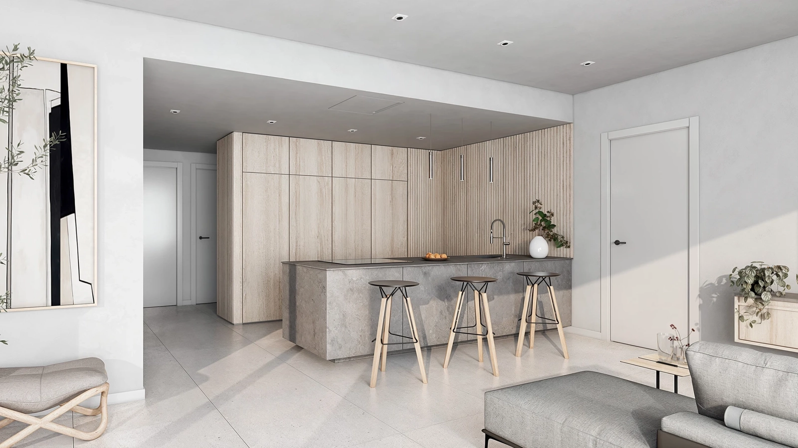 Et moderne køkken, fuldt udstyret med hårde hvidevarer og finish af høj kvalitet.