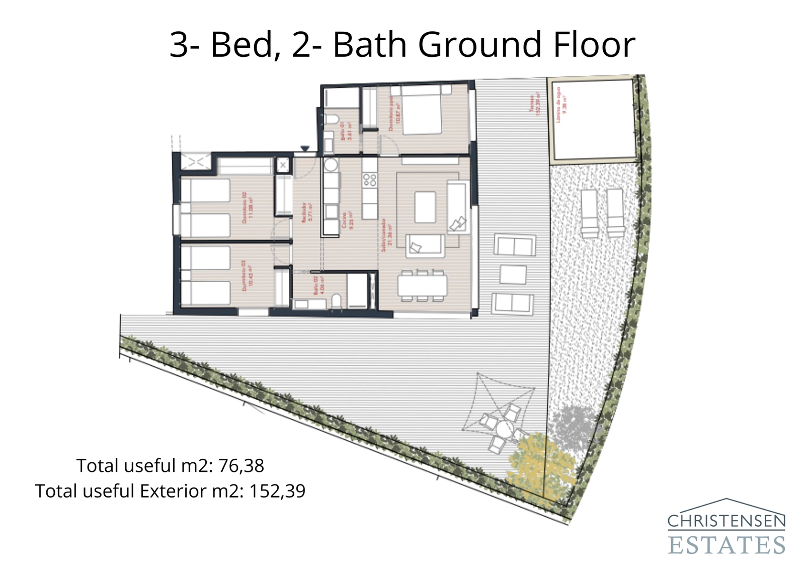 En rummelig stuelejlighed med tre soveværelser og generøs indvendig plads forbundet til en stor privat have og terrasse.