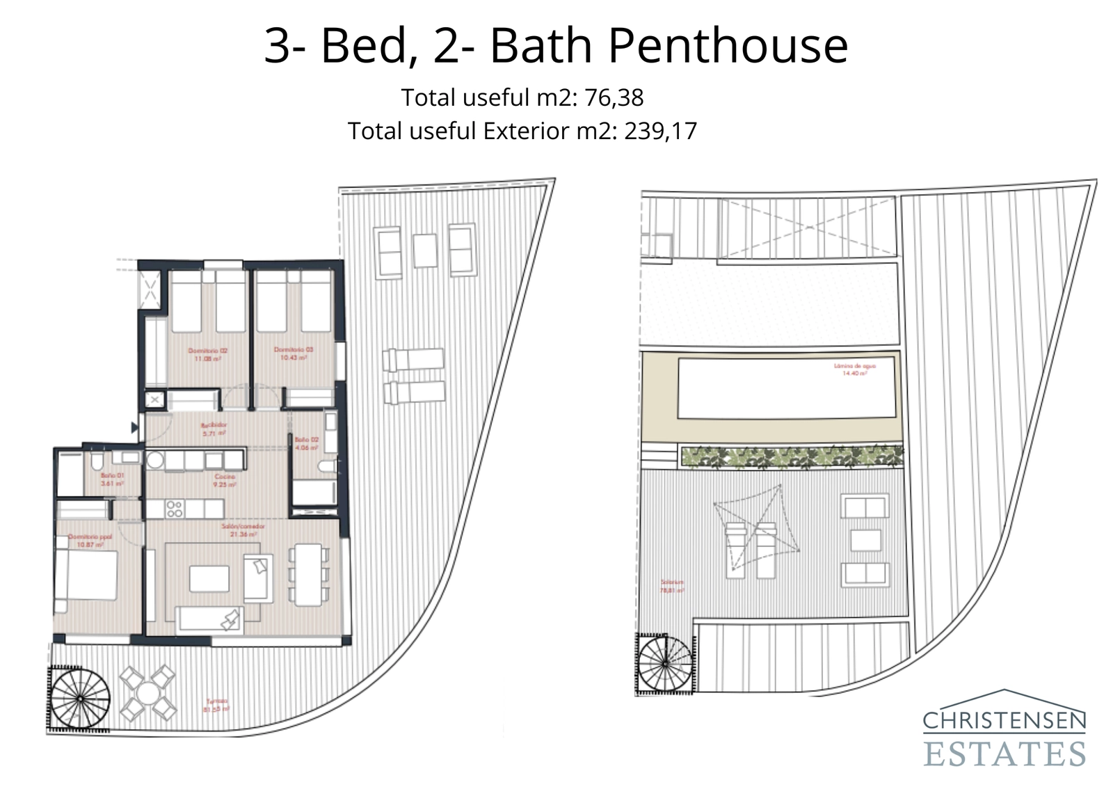 Penthouse-lejligheden med tre soveværelser tilbyder en enestående livsstil med sit store tagterrasse-solarium, private pool og panoramaudsigt.