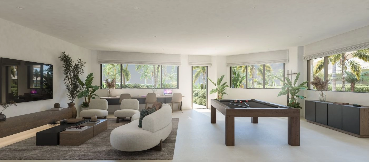 Beboernes lounge, et alsidigt rum perfekt til co-working, møder eller sociale sammenkomster.