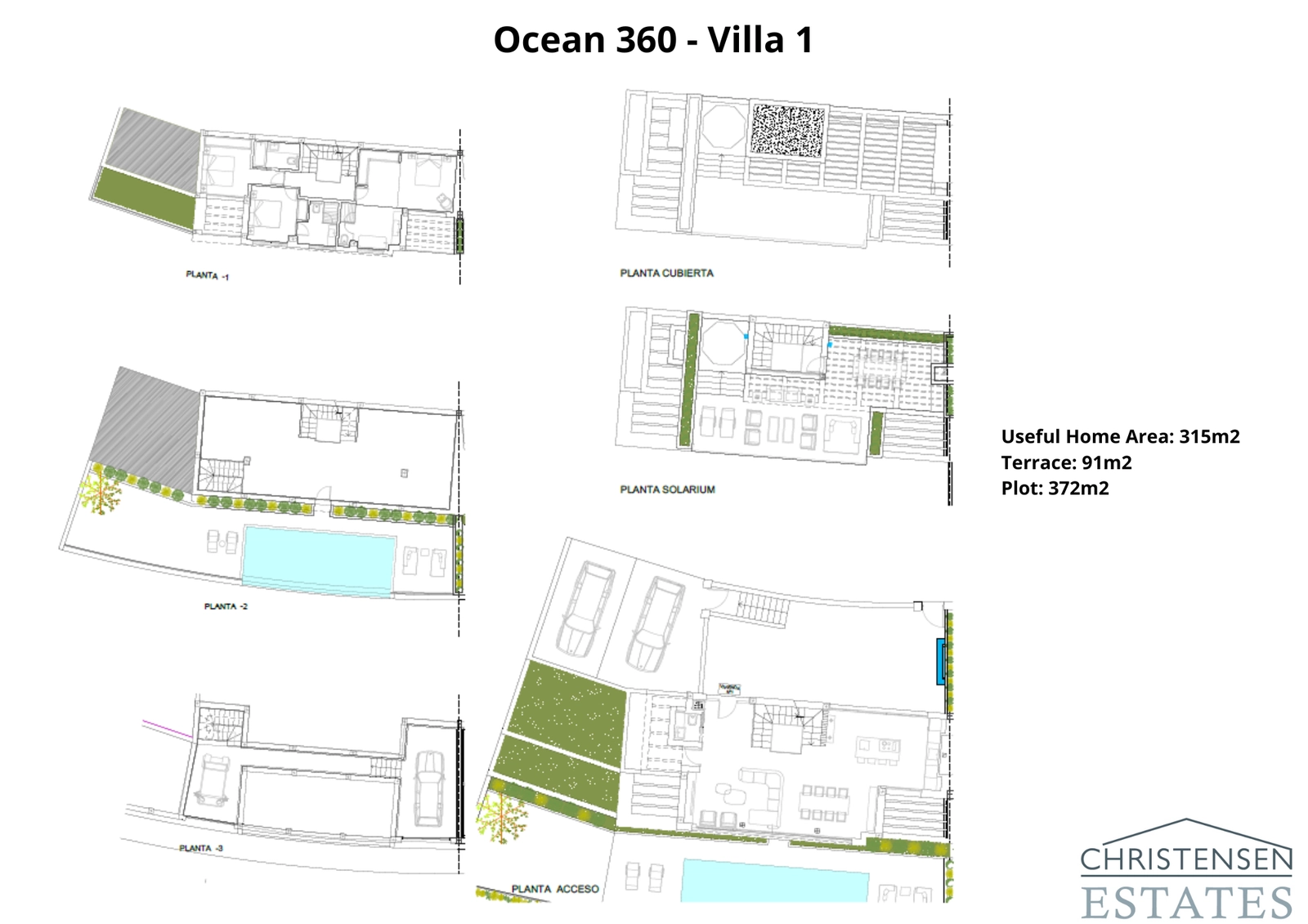 Denne gennemtænkte indretning for Villa 1 viser den sømløse overgang mellem inde- og uderum, med flere niveauer dedikeret til komfort, underholdning og privatliv. Bemærk de rummelige terrasser og det private poolområde.