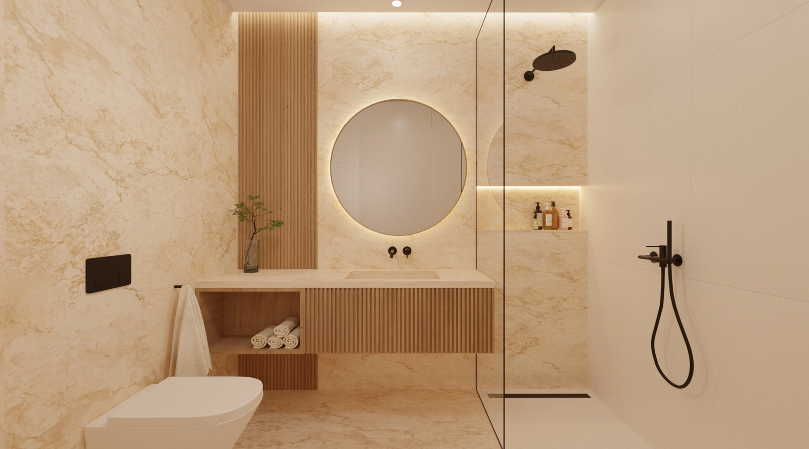 Et luksuriøst badeværelse, der kombinerer naturlige teksturer med moderne armaturer.