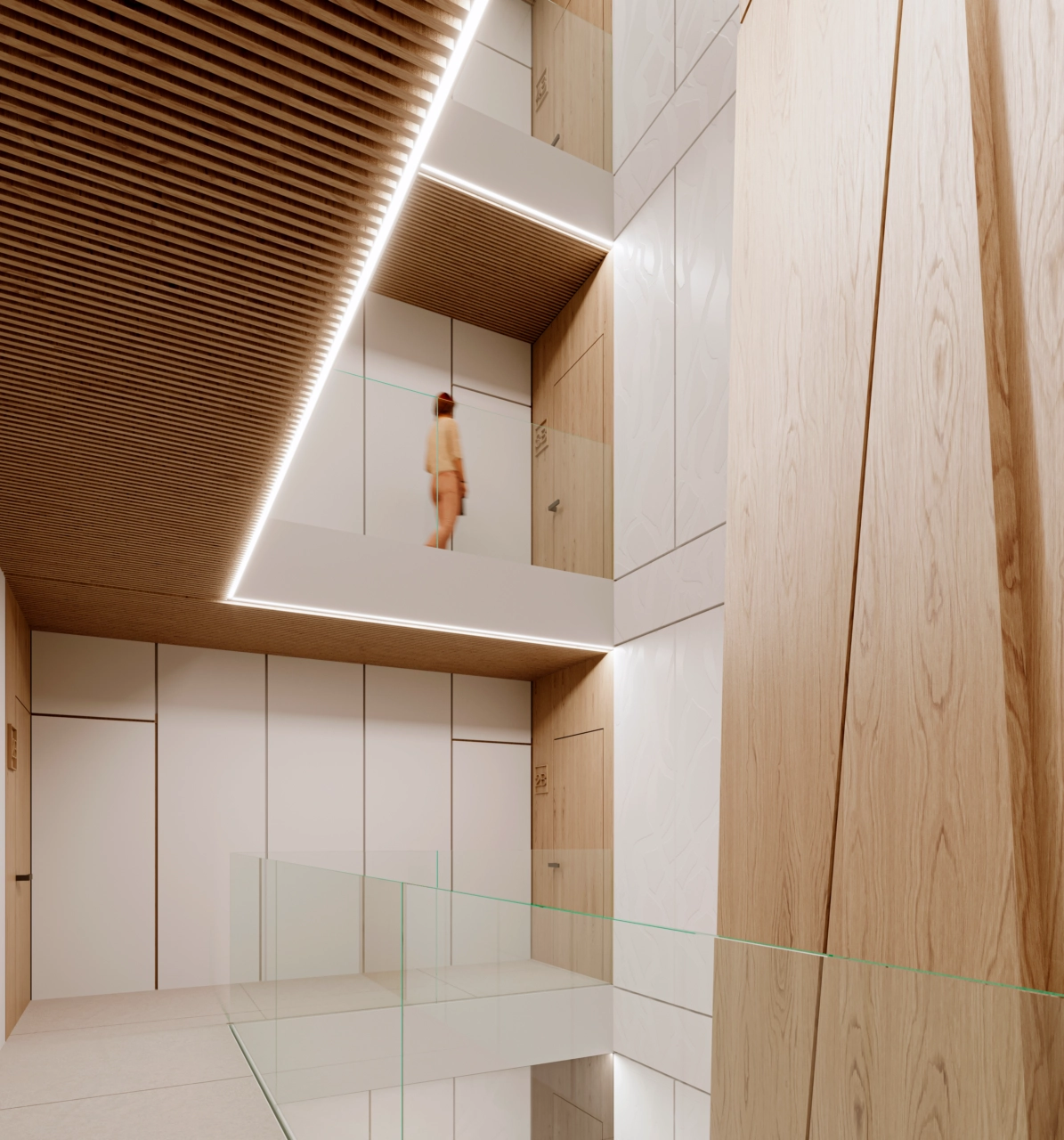 Bygningens atrium byder på smukt træ og naturligt lys.