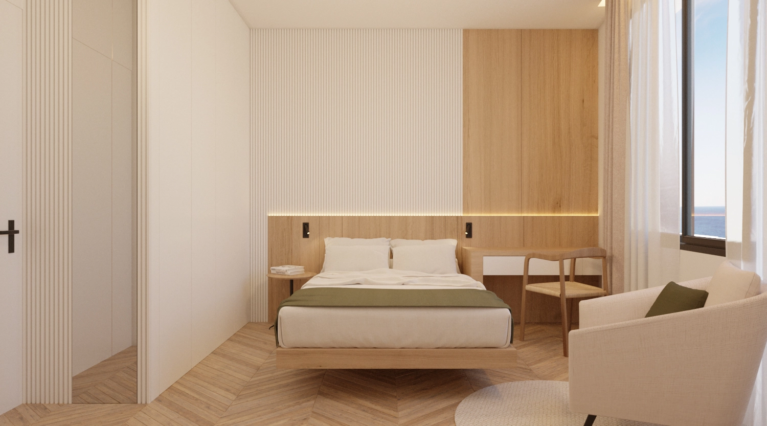 Et komfortabelt og stilfuldt soveværelse designet til hvile og afslapning.