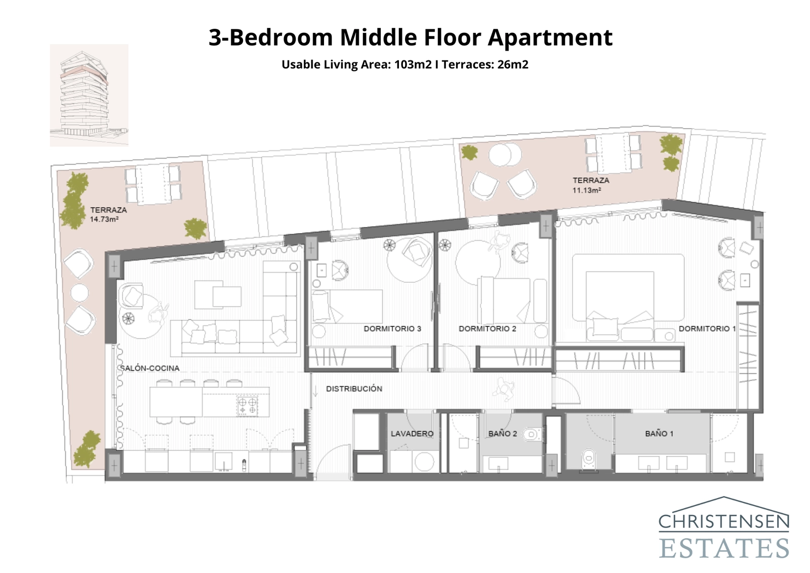 En rummelig bolig med tre soveværelser og store terrasser, designet til komfortabelt familieliv og underholdning.