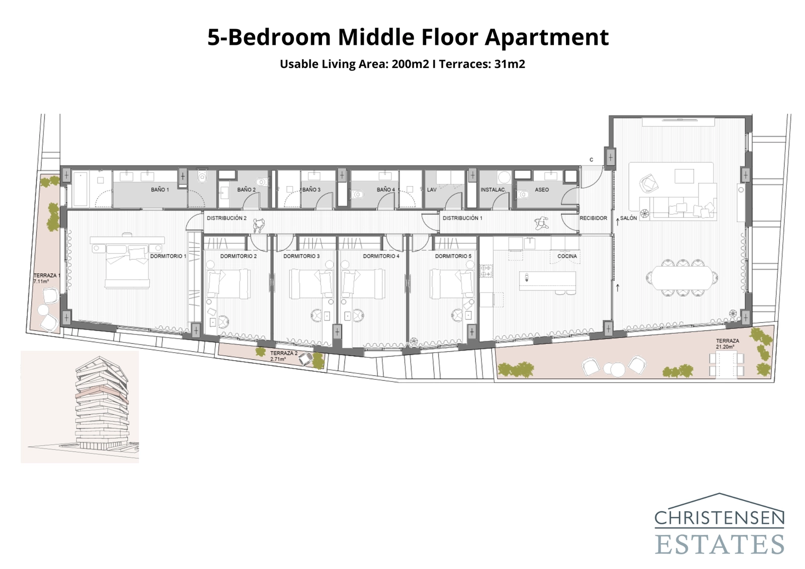 Denne store bolig med fem soveværelser tilbyder rigelig plads og en gennemtænkt indretning for ultimativ komfort og privatliv.
