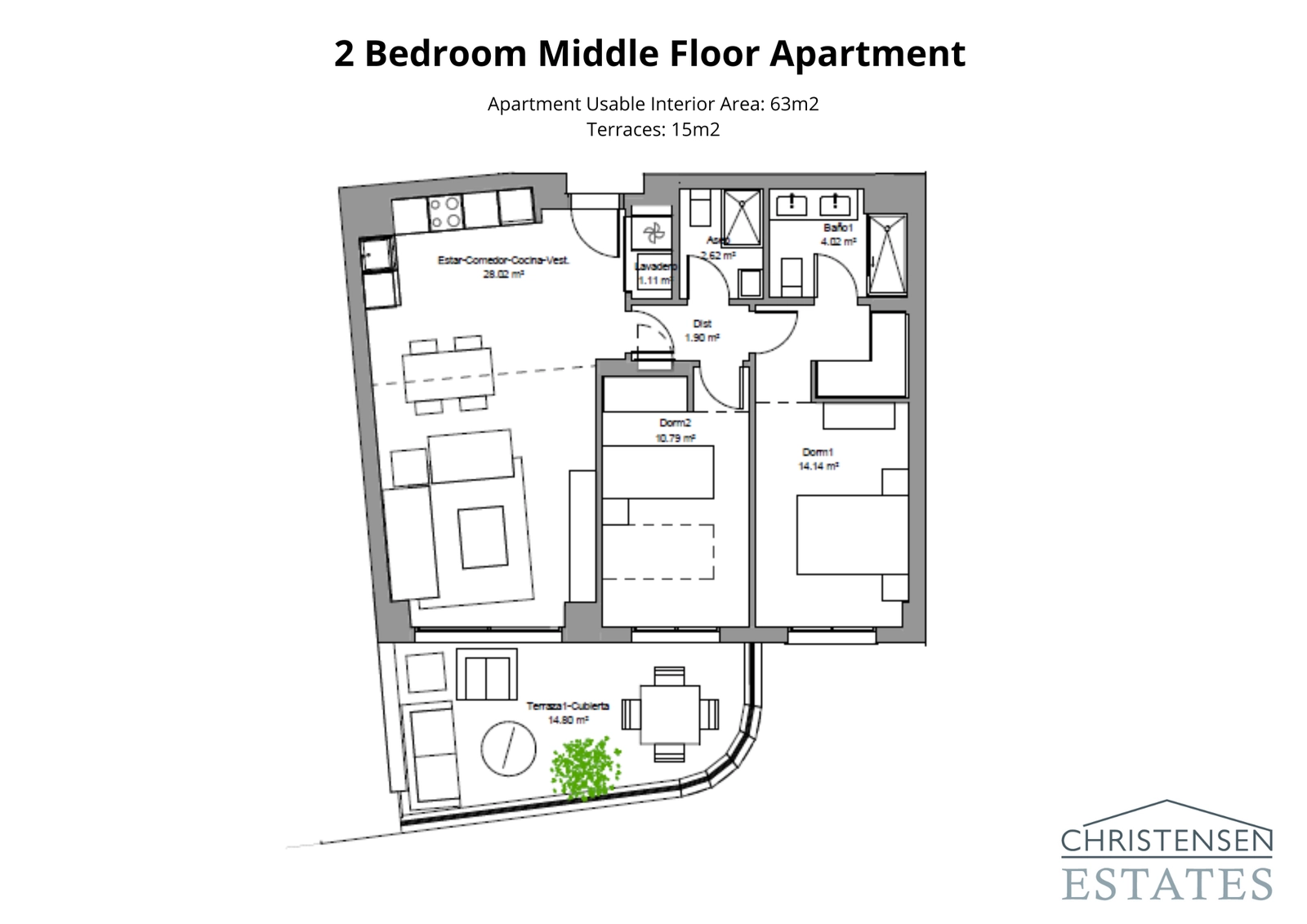 En velindrettet lejlighedsplan med to soveværelser, der viser smart udnyttelse af pladsen, der forbinder opholdsstuen med en rummelig terrasse.