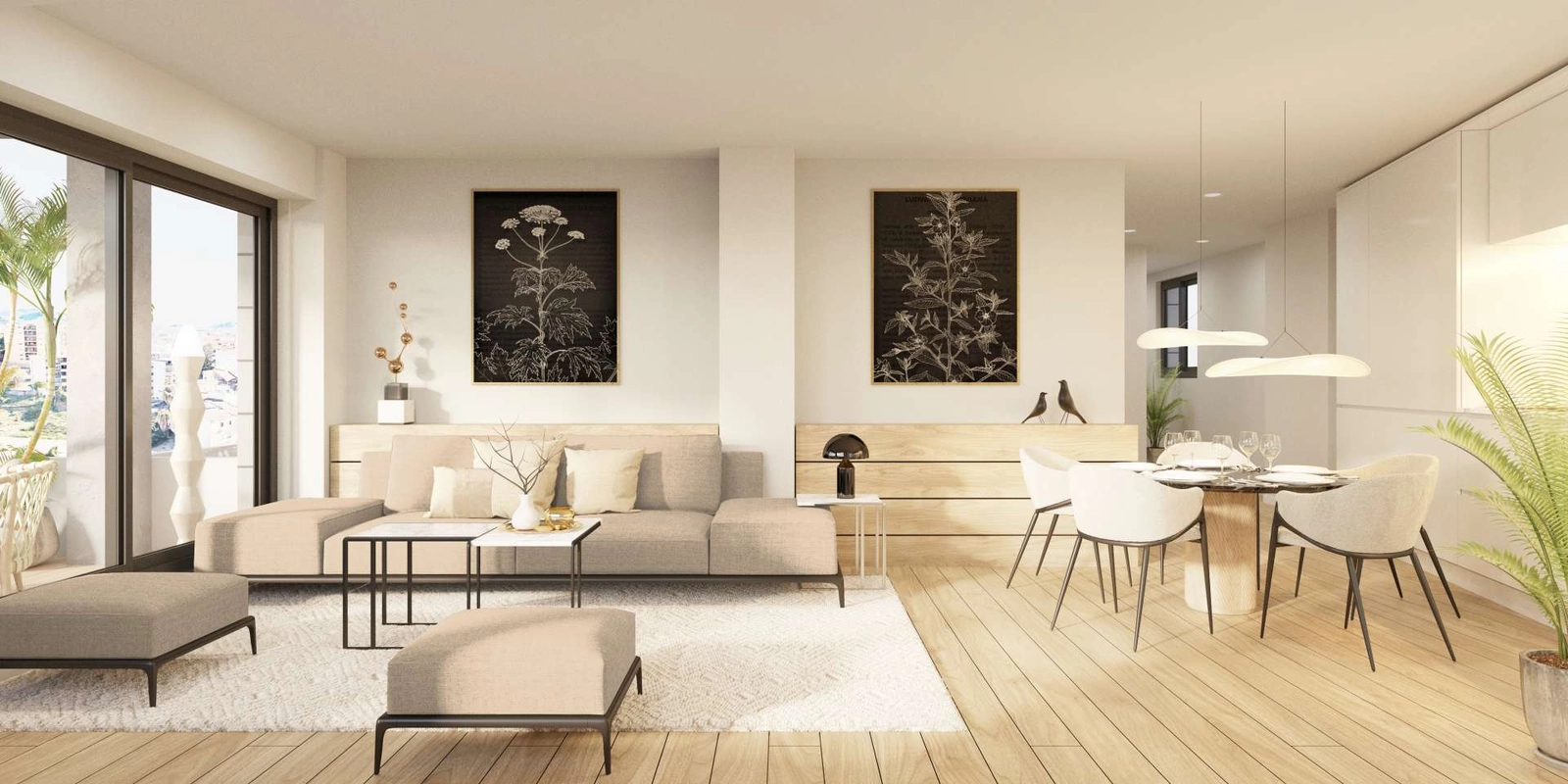 Endnu et kig på det sofistikerede opholdsrum, der fremviser opmærksomheden på detaljer og det naturlige lys.