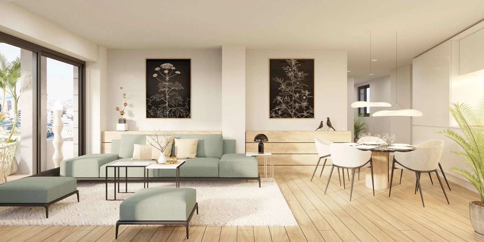 Et elegant og lyst åbent stue- og spiseområde, designet til moderne komfort og stil.