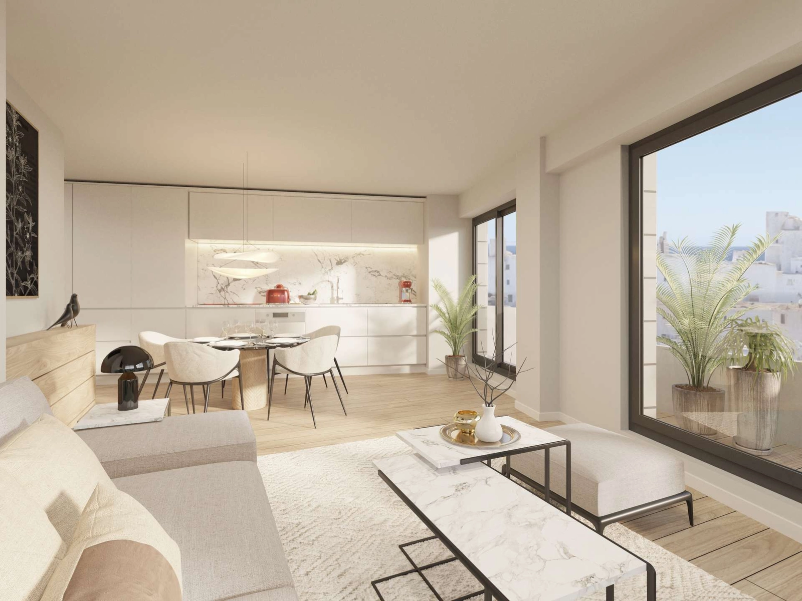 Det moderne køkken er sømløst integreret i opholdsrummet og byder på hårde hvidevarer og finish af høj kvalitet.