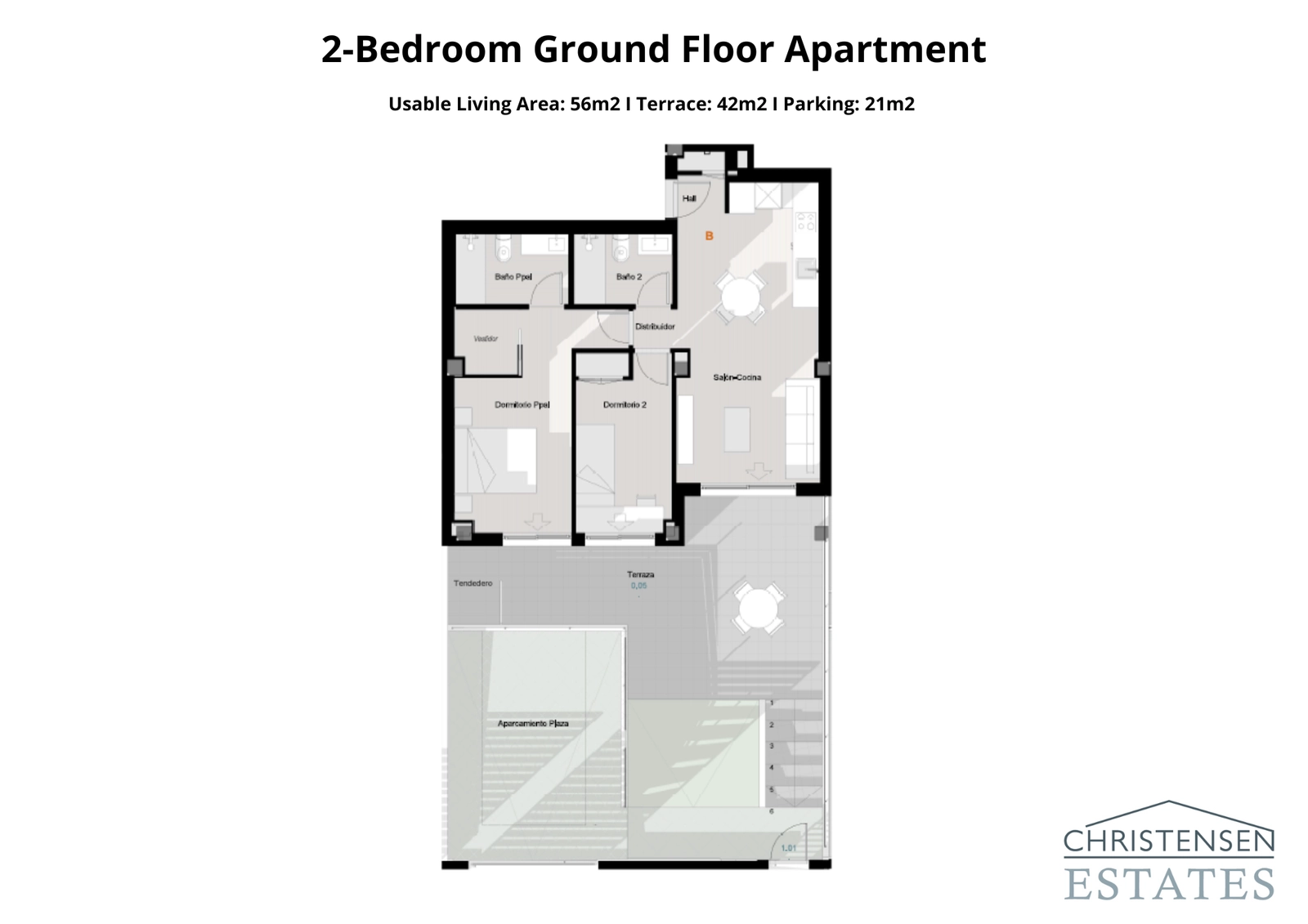 Grundplan for en toværelses stuelejlighed, der fremhæver en rummelig terrasse og direkte adgang til udendørsarealer.