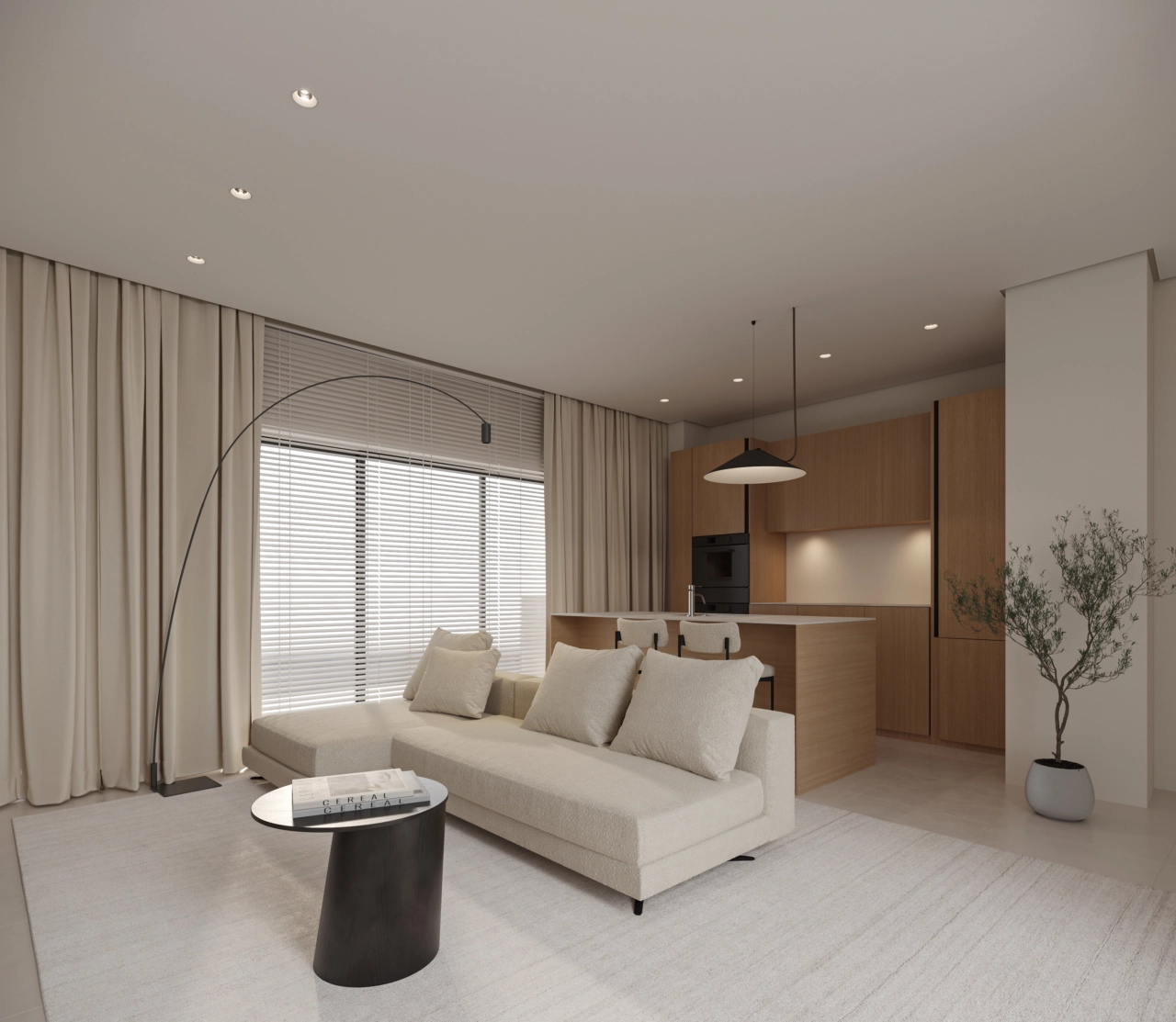 En stilfuld stue og køkken, hvor rene linjer og naturlige materialer skaber en varm, indbydende atmosfære.