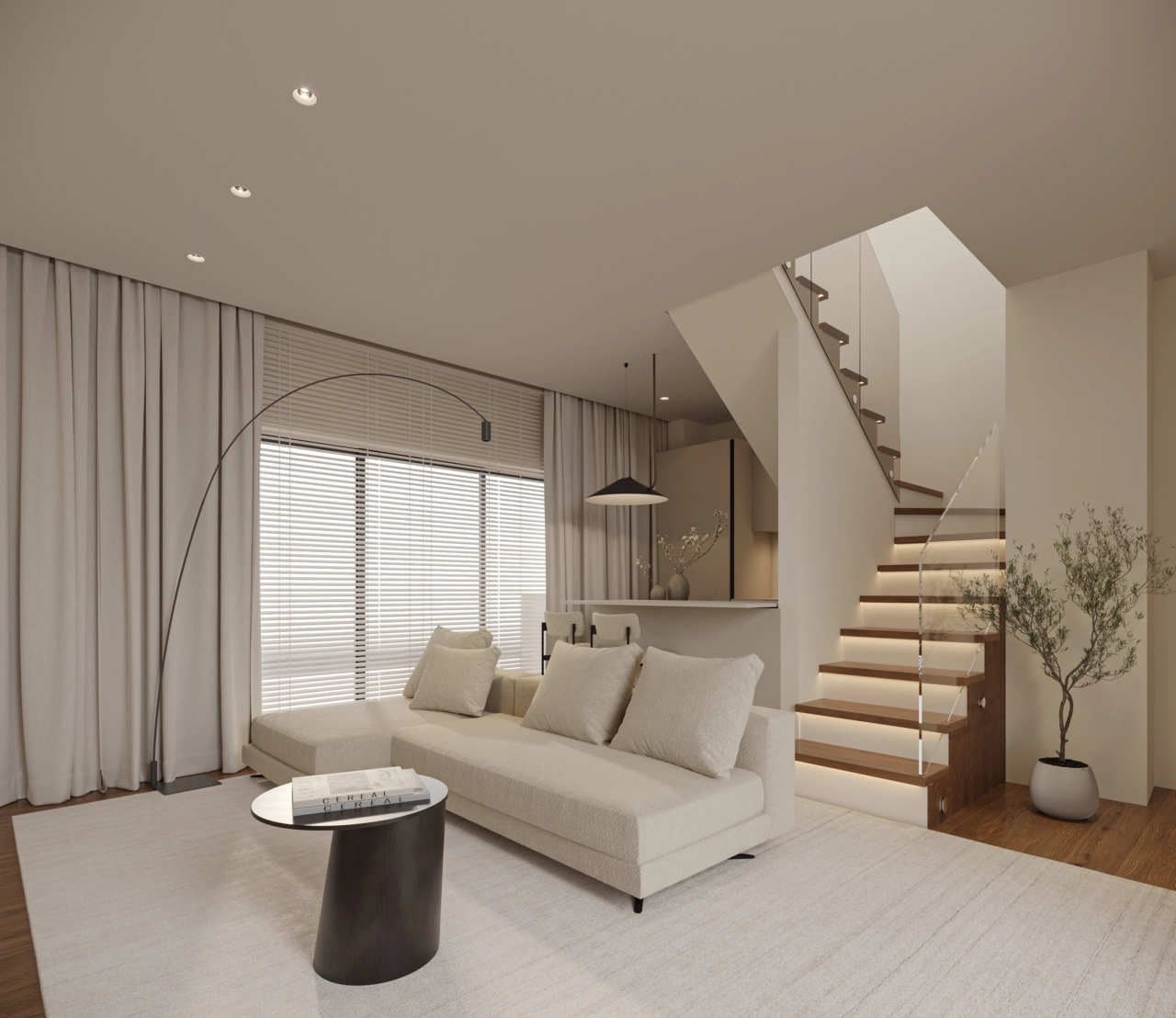 Elegant duplex bolig med en moderne trappe, der kombinerer funktionalitet med sofistikeret design.