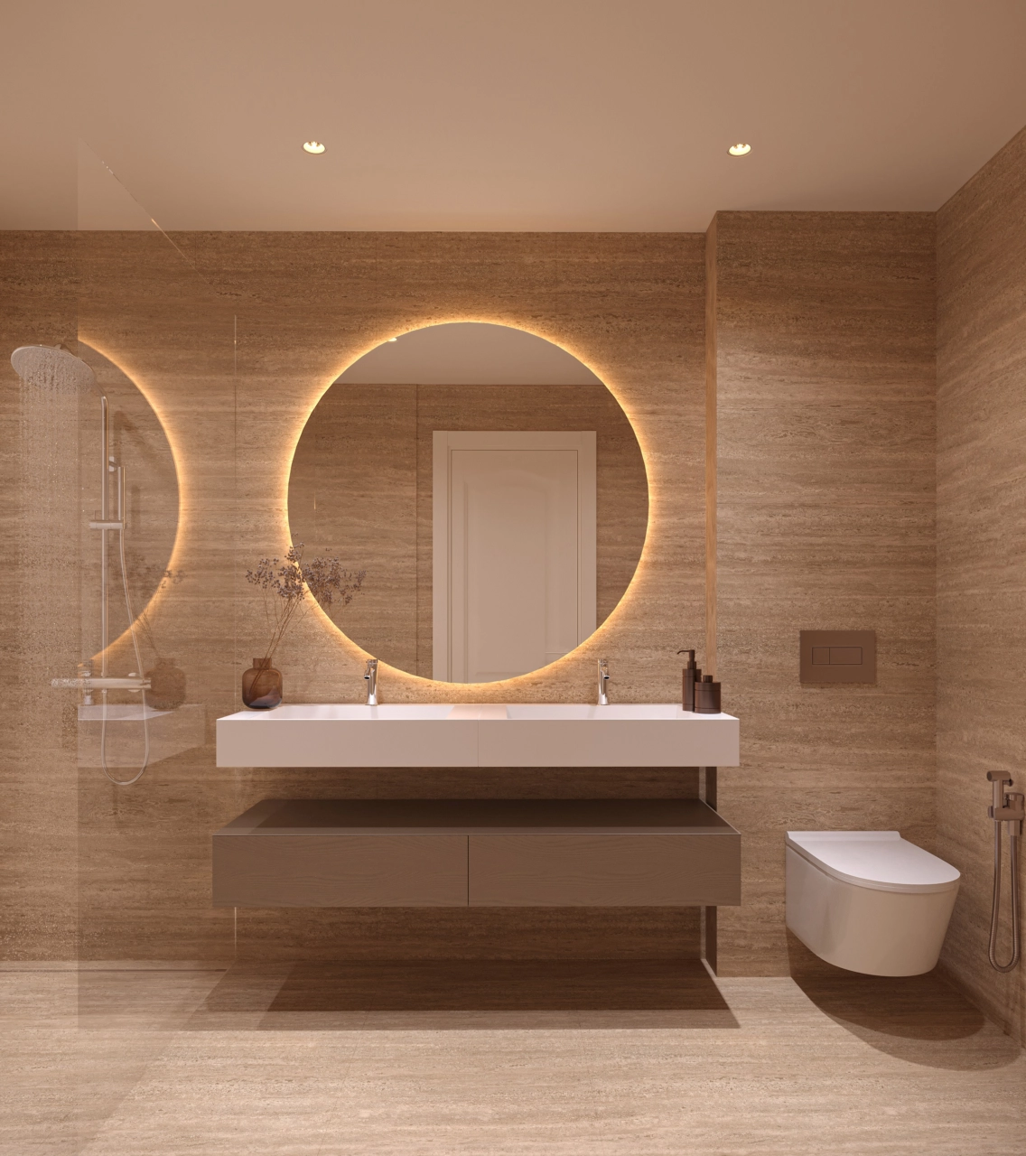 Et luksuriøst badeværelse med eksklusive finish, baggrundsbelyste spejle og en rummelig walk-in bruser.