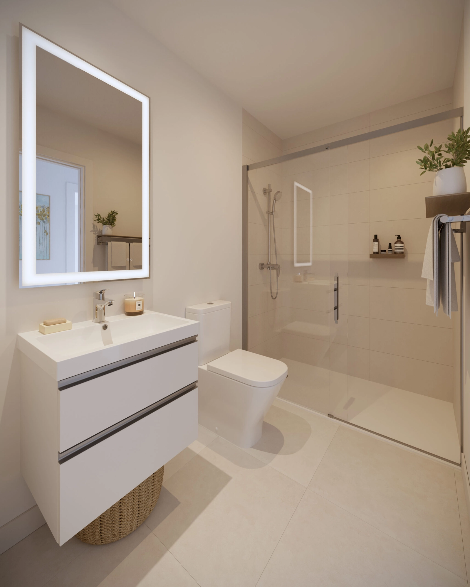 Et moderne badeværelse med armaturer af høj kvalitet og et rent, friskt design.