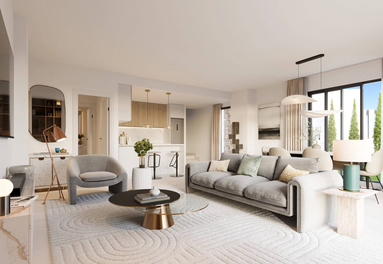 Lyse og rummelige opholdsrum med et åbent design, der skaber en følelse af flow og komfort.