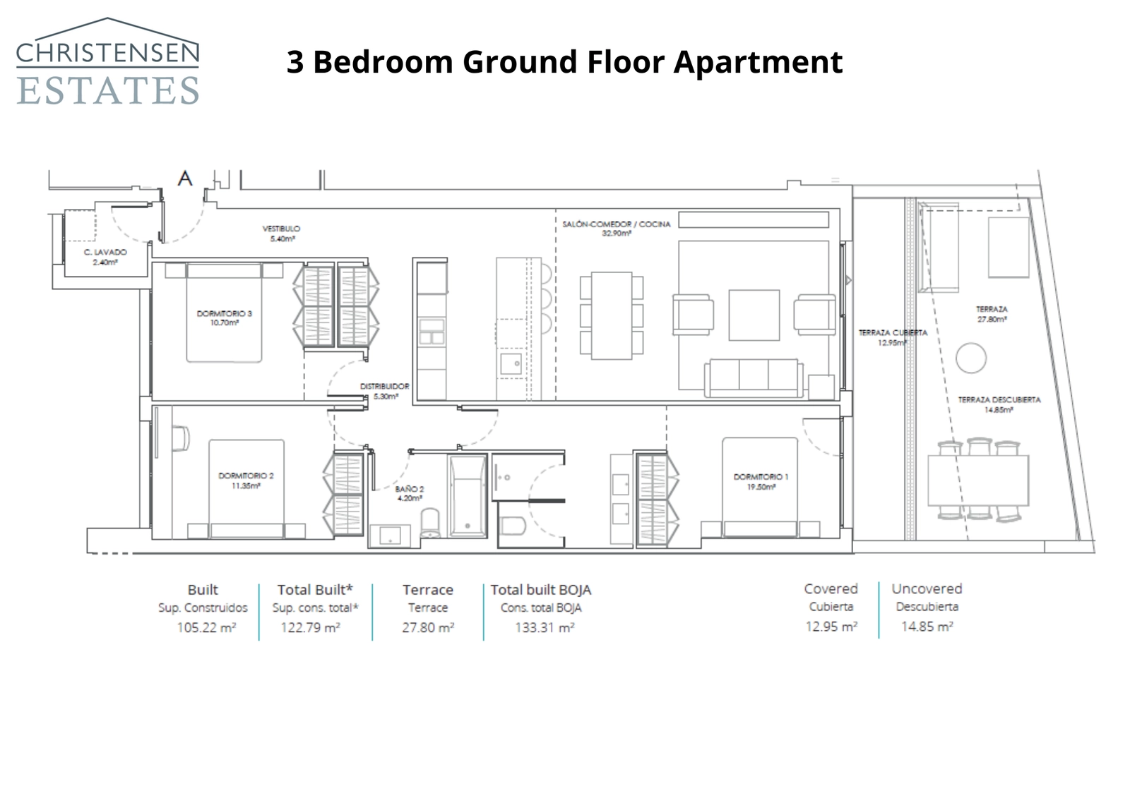 Denne plantegning for en stueetagelejlighed med tre soveværelser viser rummelige interiører, der åbner ud til en generøs terrasse og haveområde.