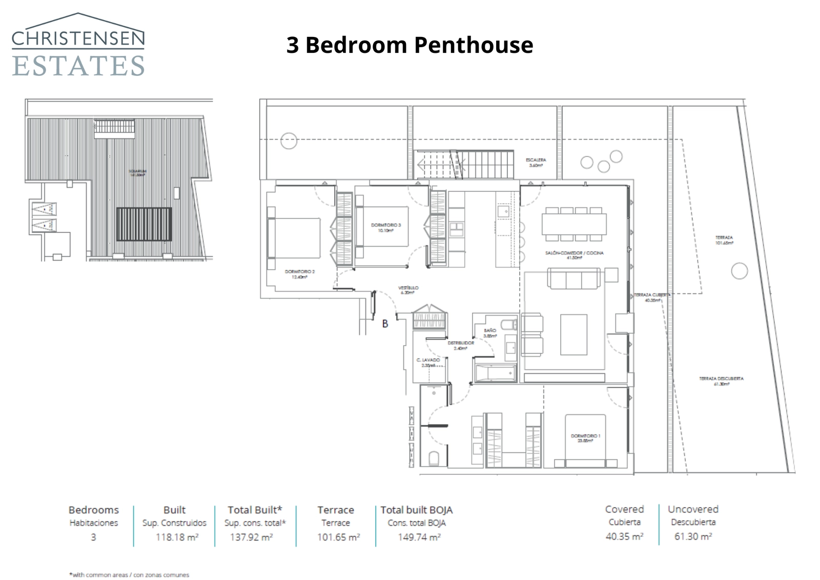 En enestående plantegning for en penthouselejlighed med tre soveværelser, komplet med et ekspansivt tagterrasse-solarium for det ultimative udendørsliv.