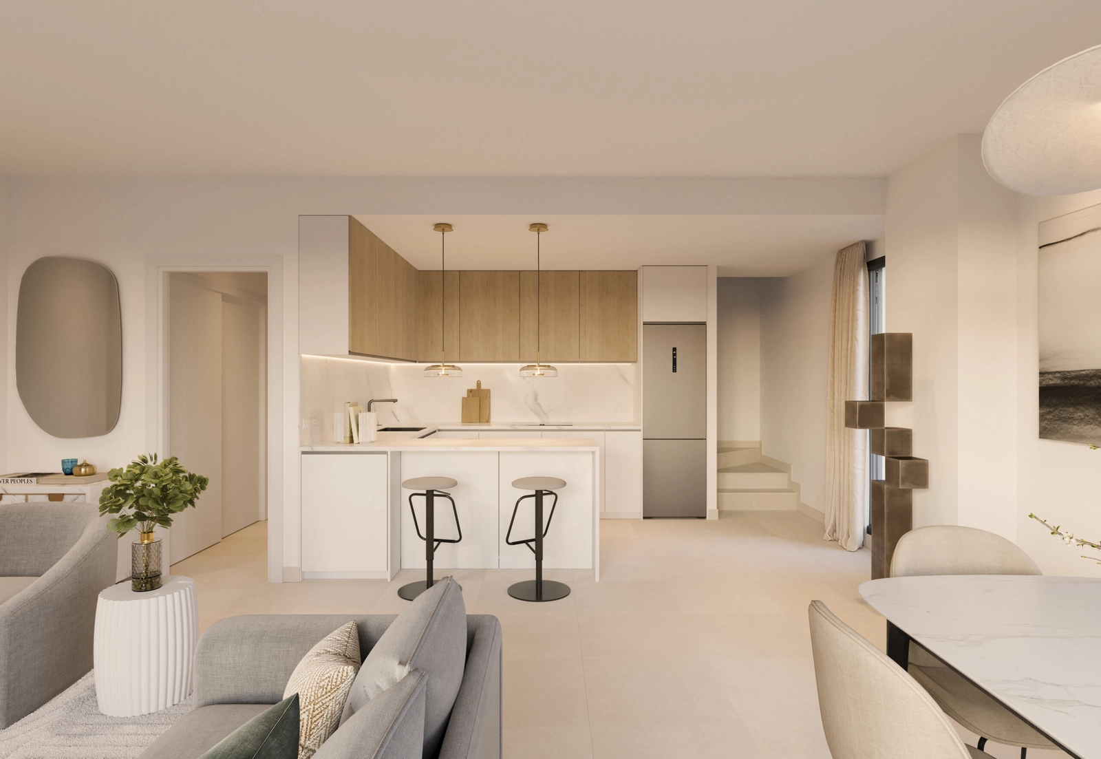 Et moderne, fuldt udstyret køkken, der er både funktionelt og smukt designet.