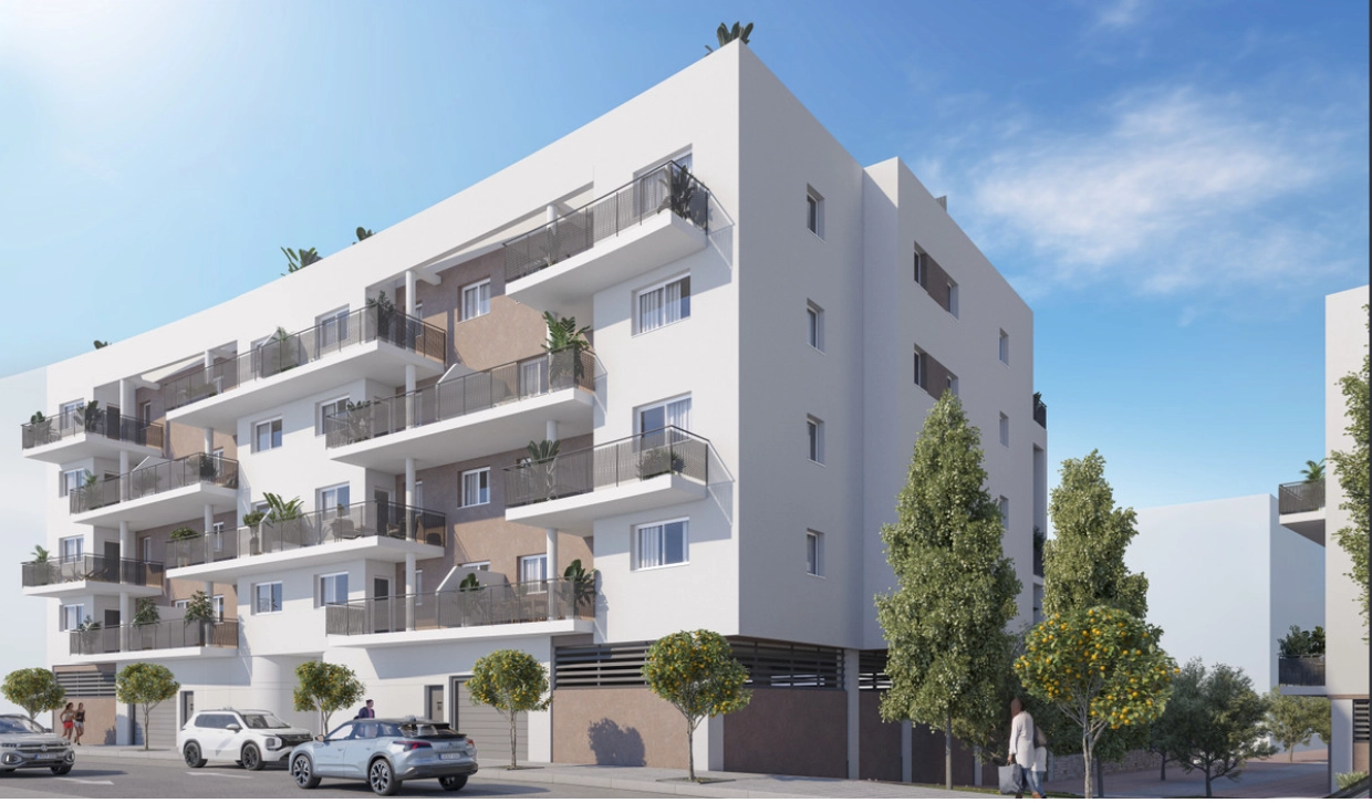 Et kig på det moderne arkitektoniske design af Los Olivos Residencial, et nyt vartegn i Vélez-Málaga.