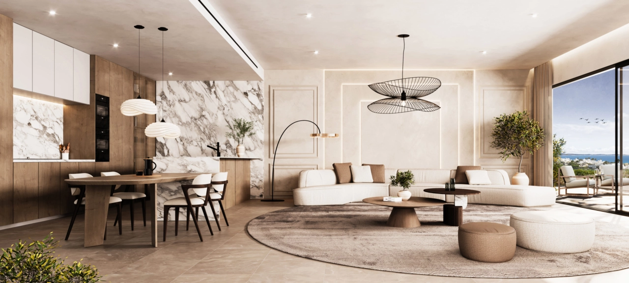 Sofistikerede interiører med materialer af høj kvalitet og rigeligt naturligt lys.