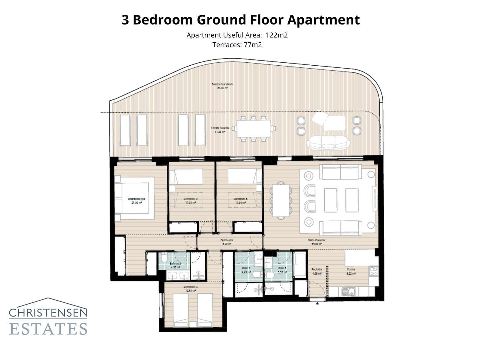 Denne treværelses stueetage lejlighed tilbyder rummelige opholdsområder, der åbner direkte ud til en stor terrasse og privat have.