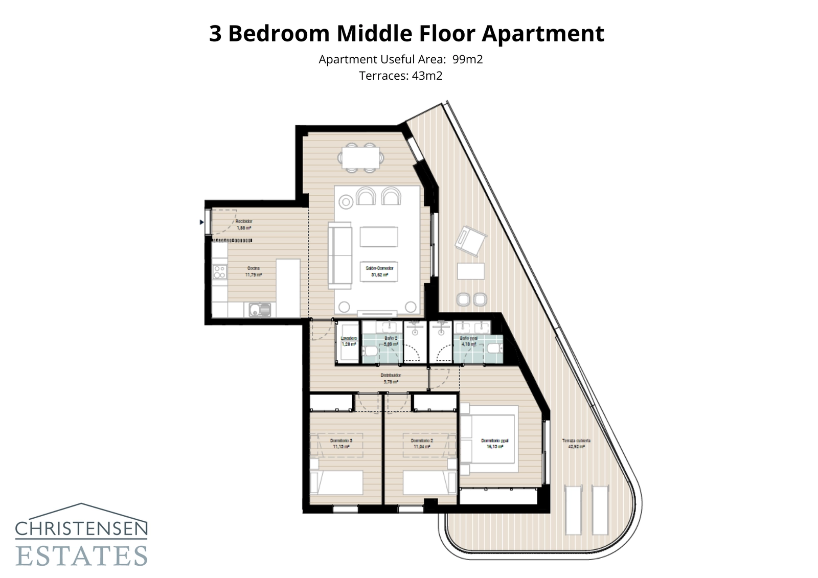 En intelligent designet treværelses lejlighedsplan, med en generøs terrasse for at maksimere indendørs-udendørs livsstilen.