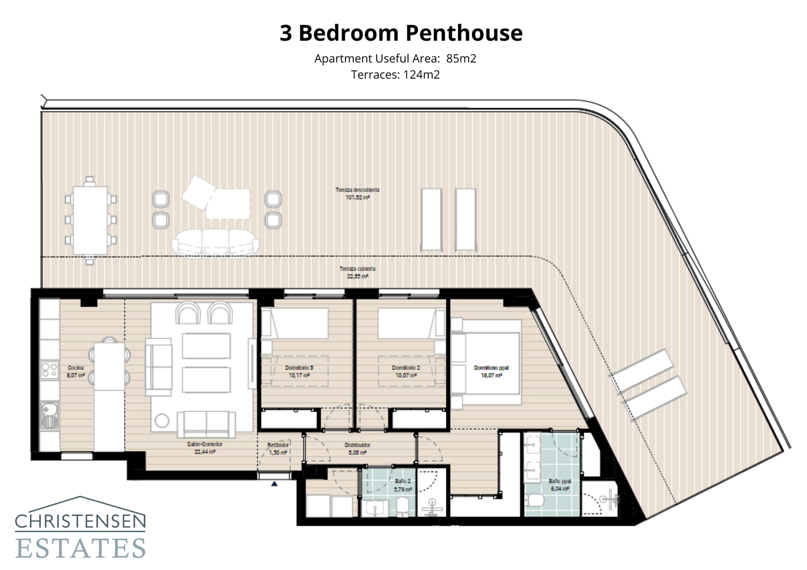 Denne treværelses penthouselejlighed byder på en storslået, omkransende terrasse, der giver rigelig plads til afslapning og underholdning.