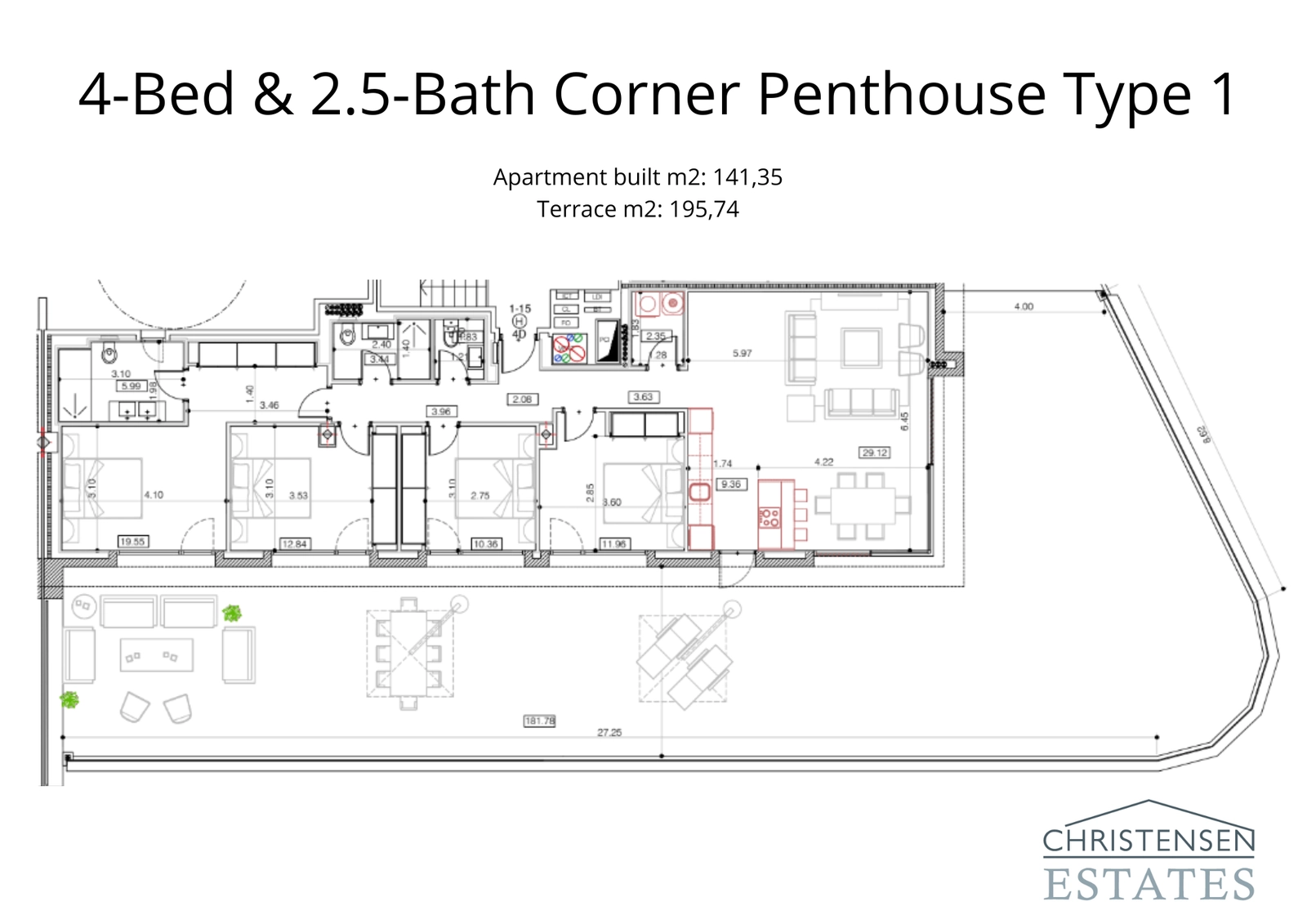 Rummelig 4-værelses hjørnepenthouse-indretning med en stor terrasse på 195 m², ideel til underholdning og til at nyde udsigten.