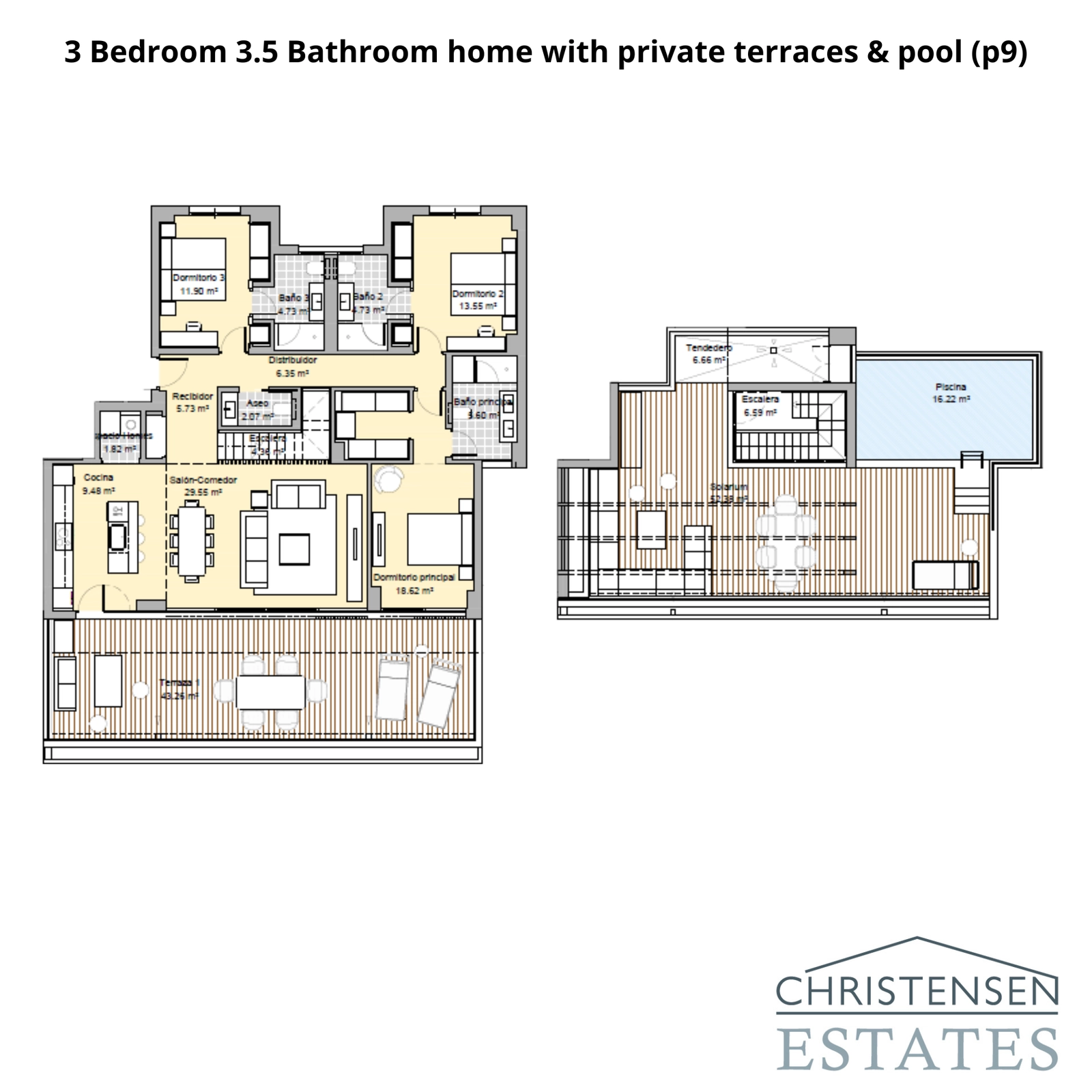 En boligindretning med tre soveværelser med et ekspansivt opholdsområde, private terrasser og egen tagpool for den ultimative luksuslivsstil.