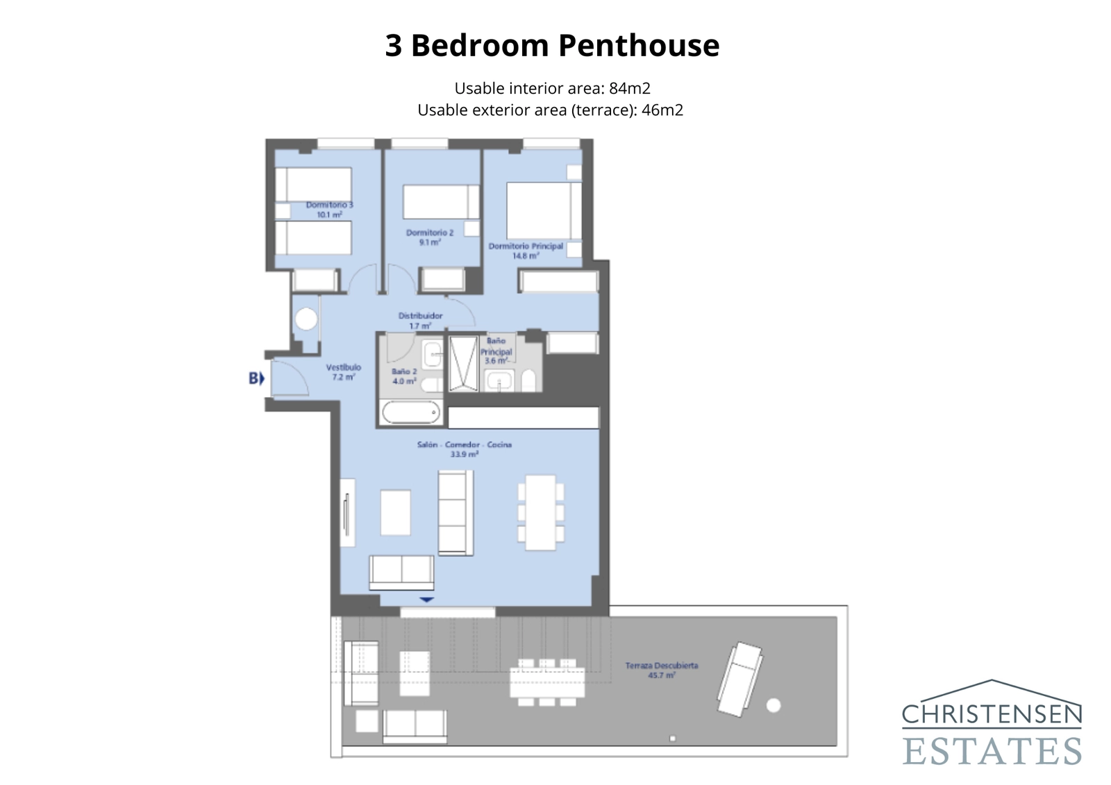 Penthouselejlighed med tre soveværelser – En luksuriøs indretning, der tilbyder rigelig plads, tre komfortable soveværelser og en stor terrasse til at nyde udsigten.