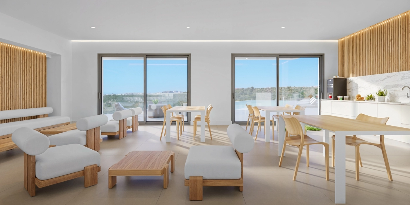 Et komfortabelt co-working space, hvor beboere kan arbejde eller slappe af i et roligt og professionelt miljø.