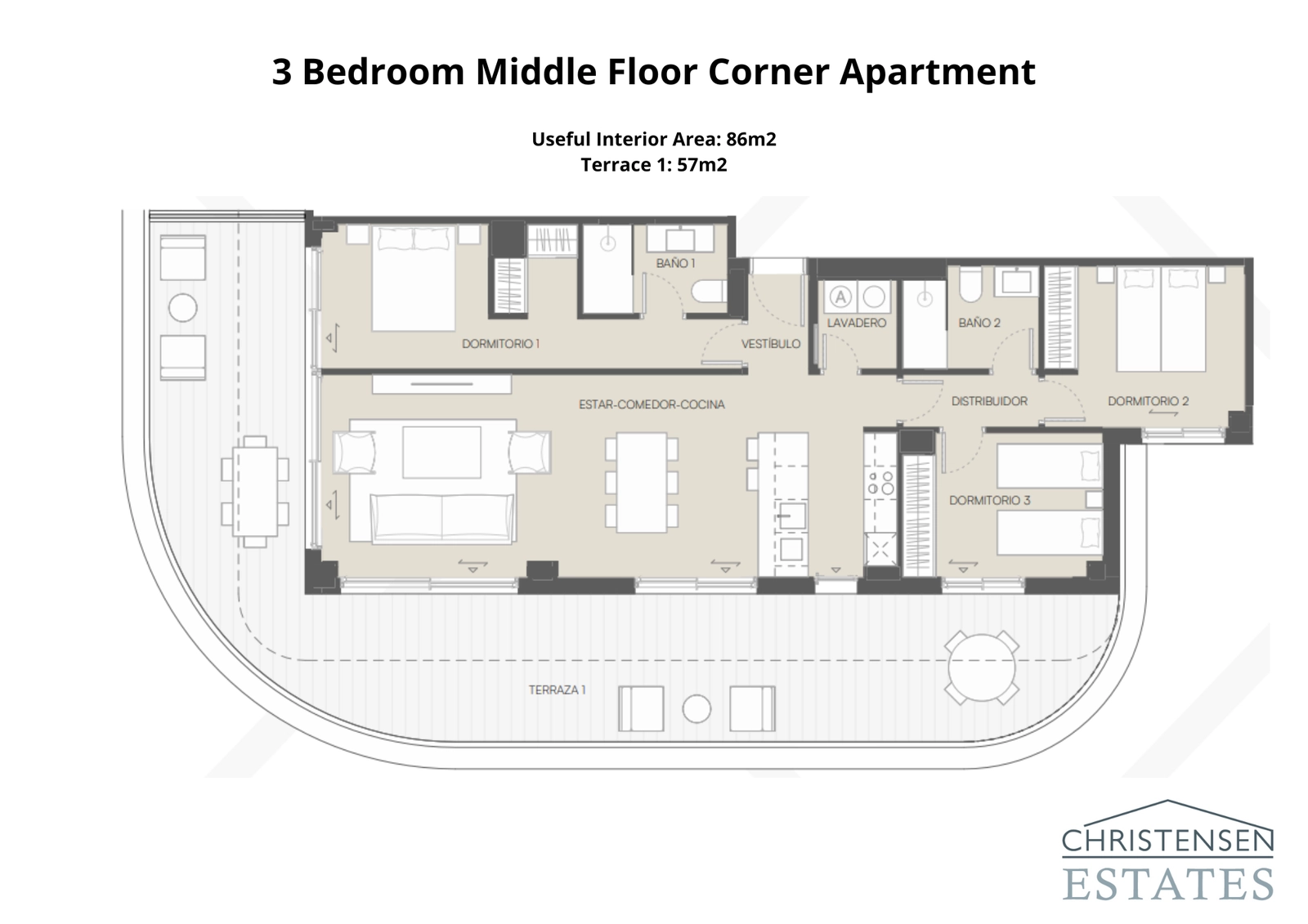 Denne hjørnelejlighed på midterste etage maksimerer lys og udsigt med en stor, omsluttende terrasse.