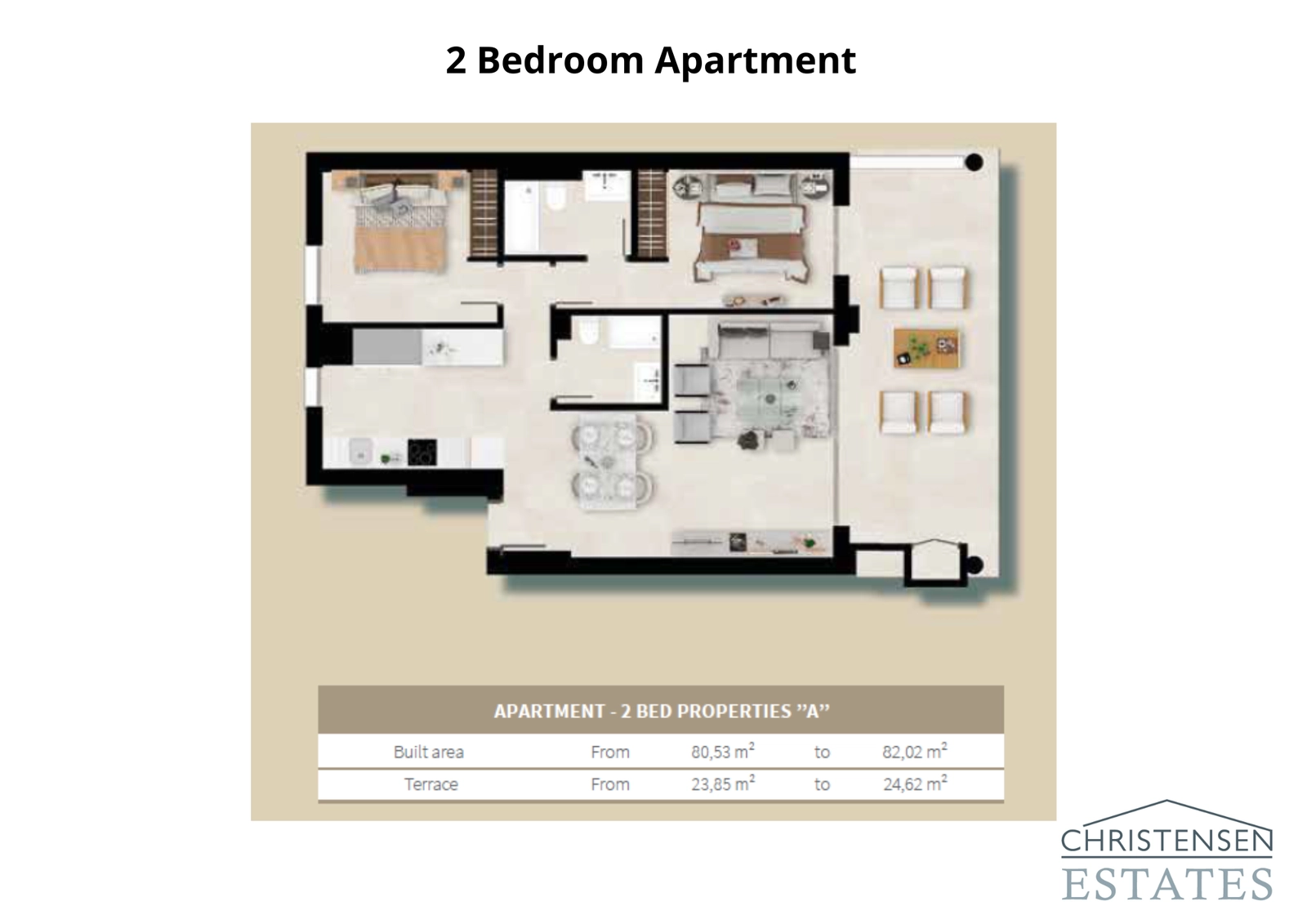Denne lejlighedsindretning med to soveværelser tilbyder et praktisk og åbent design, der forbinder stueområdet med en generøs terrasse, ideel til at nyde udelivet.
