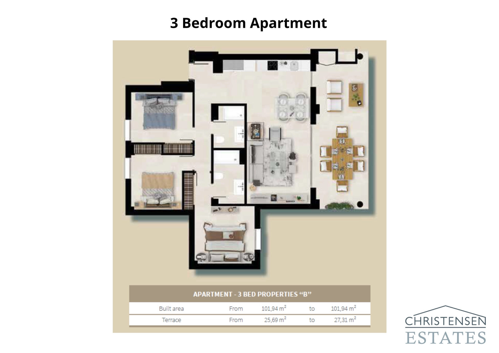 Den gennemtænkte grundplan for denne bolig med tre soveværelser maksimerer plads og naturligt lys og skaber et behageligt miljø for familier.