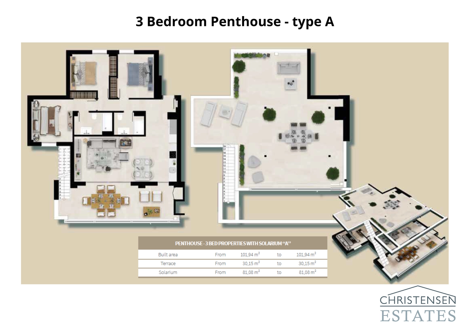 Udforsk indretningen af denne enestående penthouselejlighed med tre soveværelser, komplet med et stort solarium på taget til privat solbadning og underholdning med panoramaudsigt.