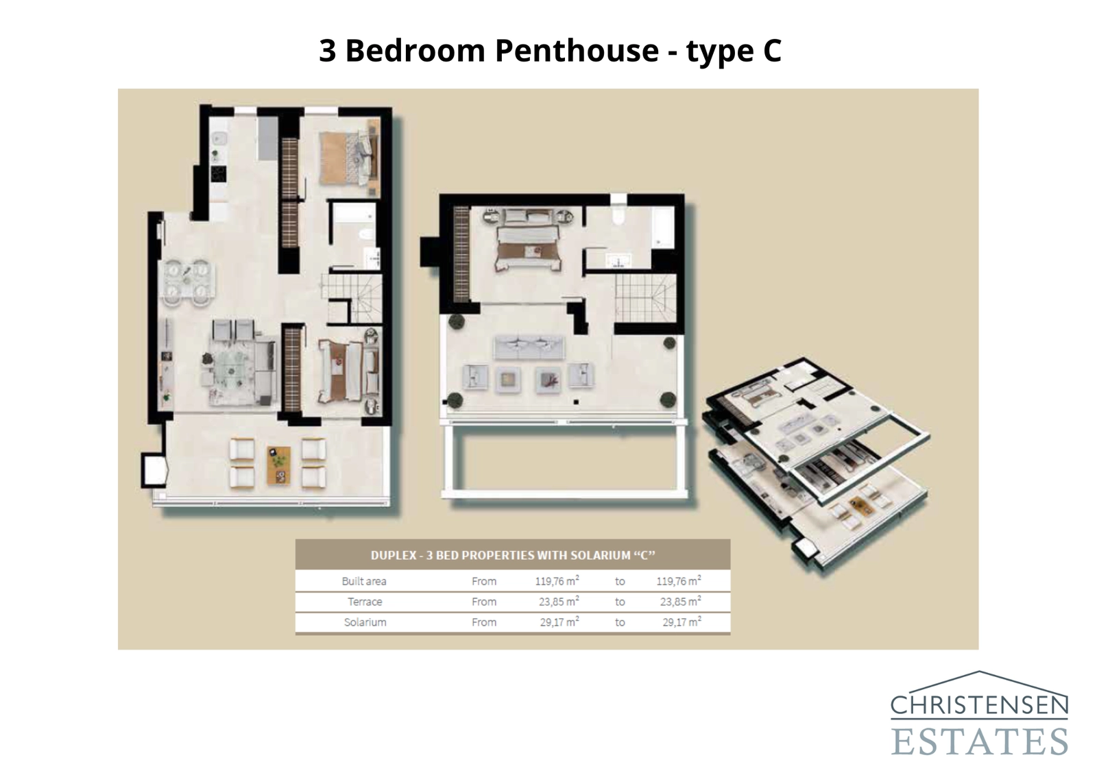Dette design for en treværelses duplex penthouselejlighed tilbyder to niveauer af sofistikeret boligareal, kronet af et privat solarium for en eksklusiv livsstil.