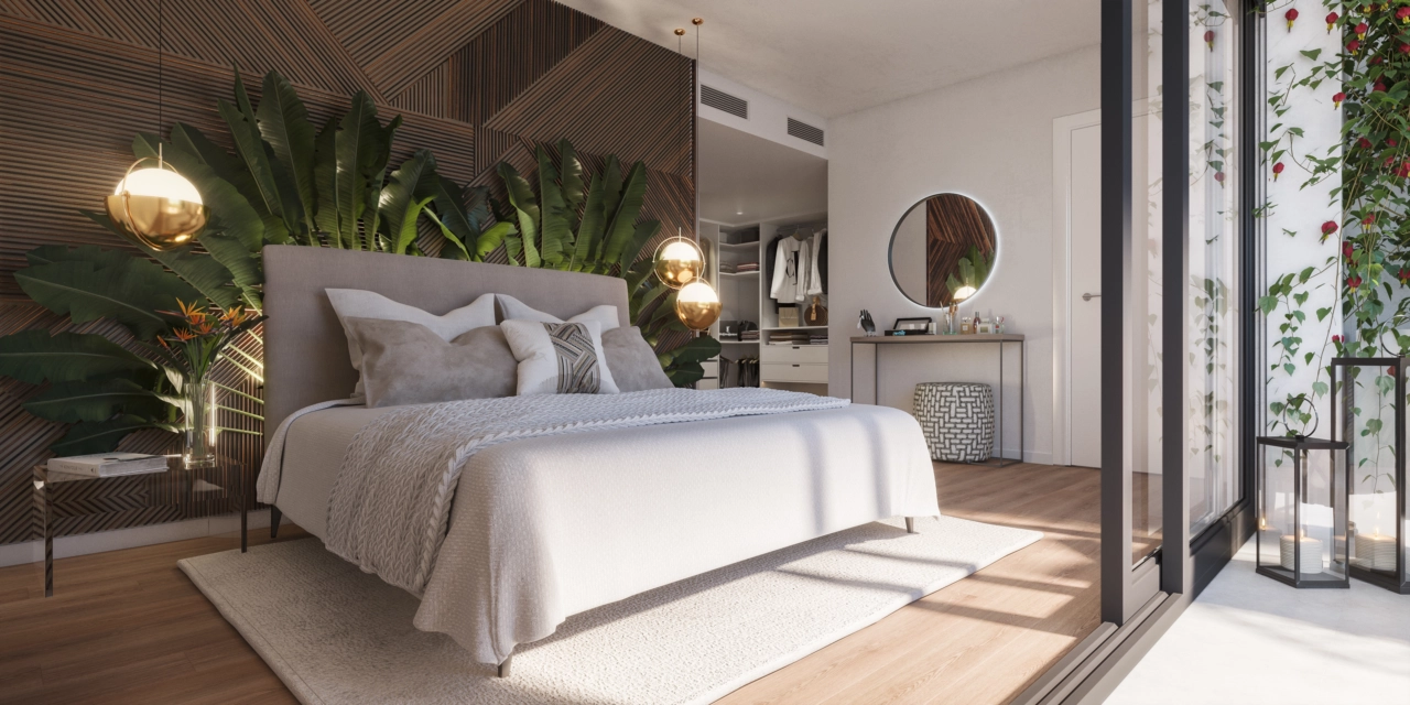 Hovedsoveværelset er et fredfyldt tilflugtssted med stilfuldt design og direkte adgang til udendørsarealer.