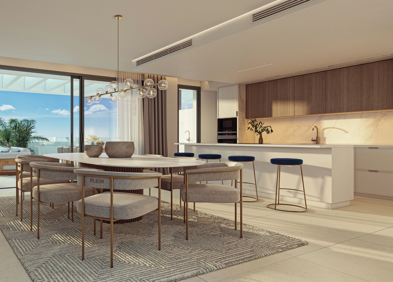 Et åbent opholdsområde, der kombinerer komfort og stil, med udgang til det fri.