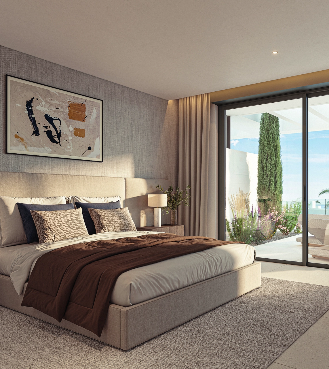 Vågn op i et fredfyldt soveværelse med direkte adgang til din private terrasse.