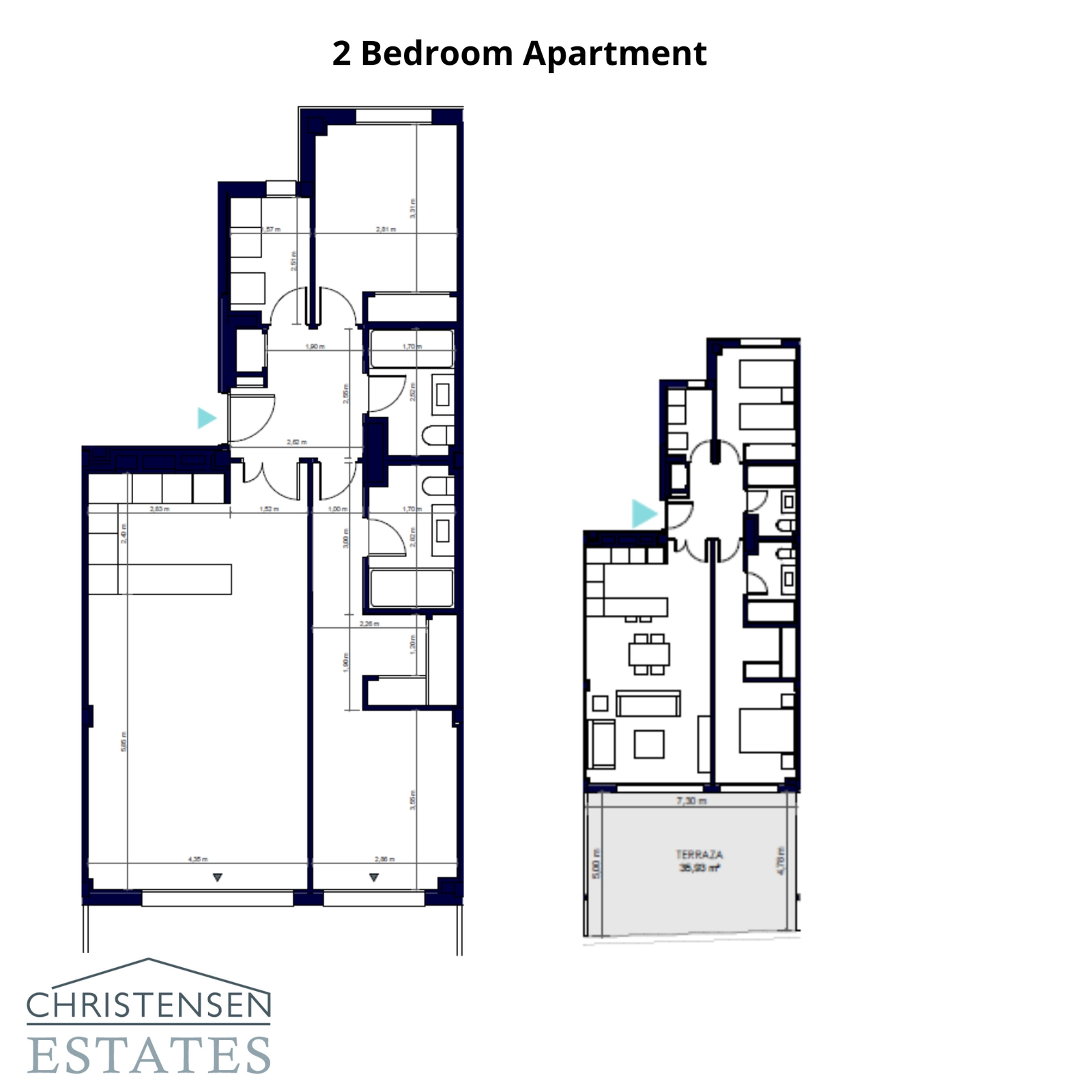 Plantegning for en to-værelses lejlighed, der viser en velindrettet og funktionel bolig.