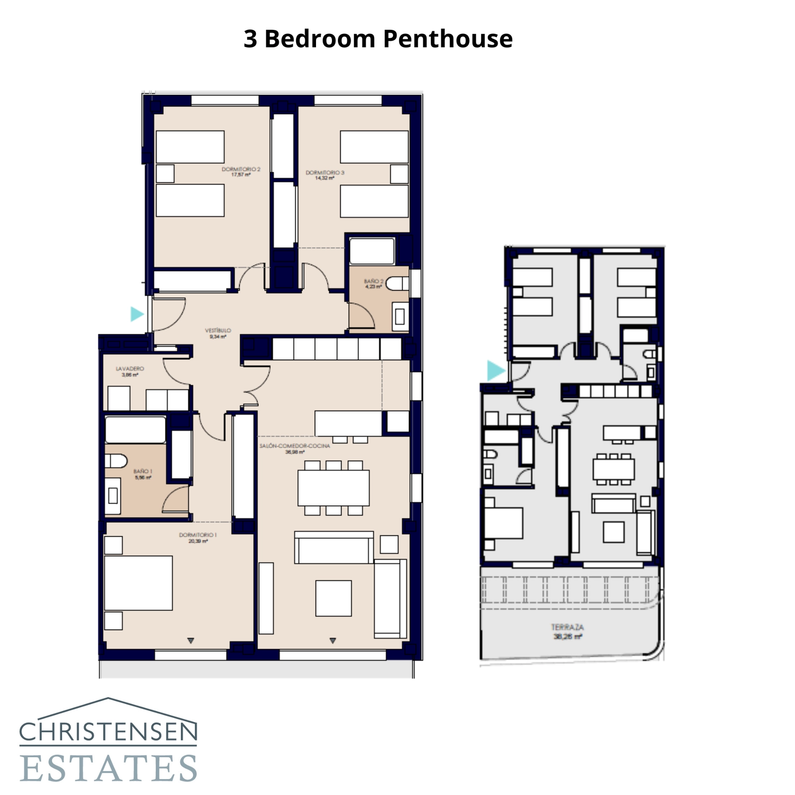 Indretningen for en tre-værelses penthouse, der fremhæver det ekspansive opholdsområde og terrassen.