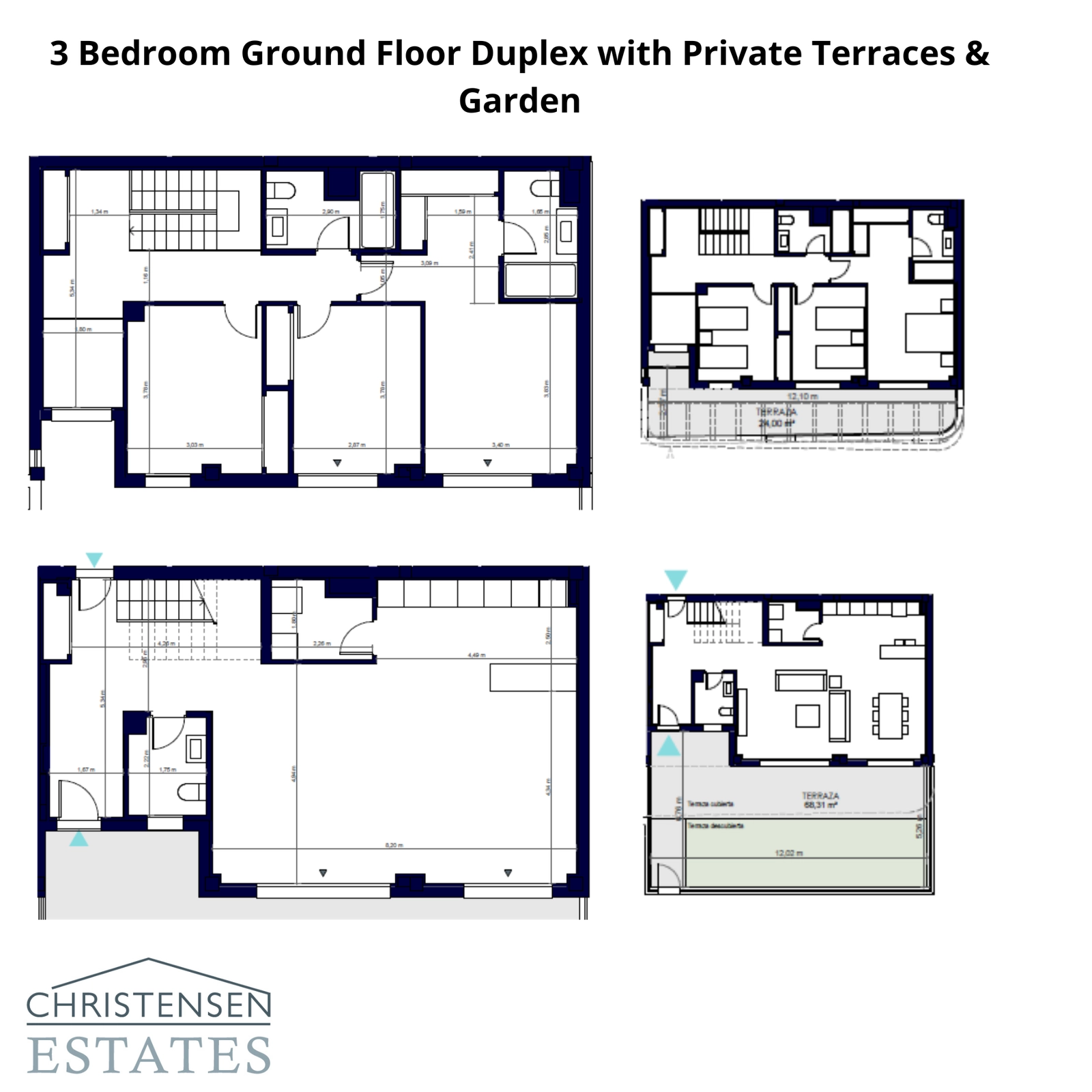En rummelig tre-værelses duplex i stueetagen med store private terrasser og have.