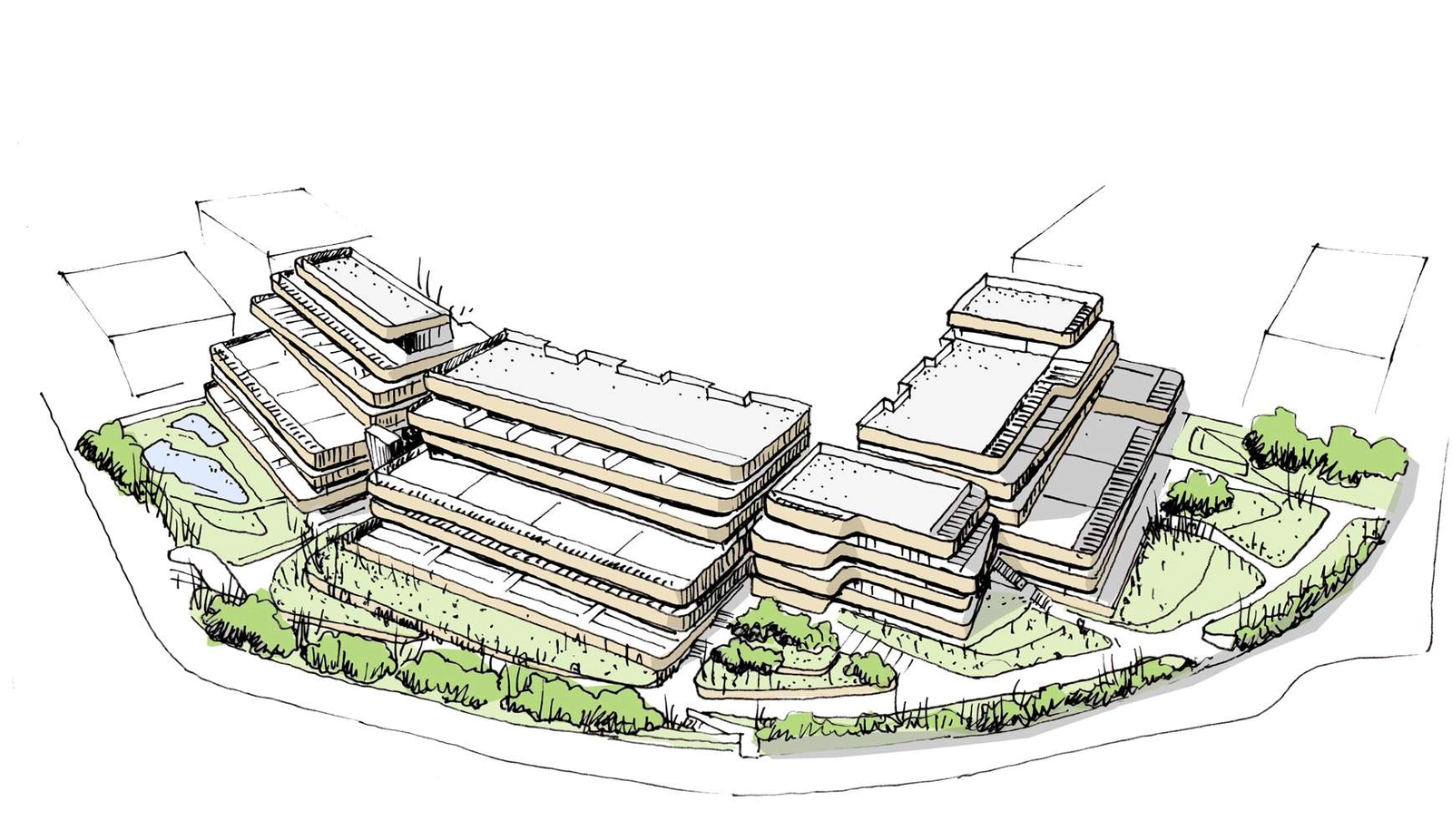 Arkitektonisk skitse, der illustrerer ejendommens elegante design og integration med landskabet.