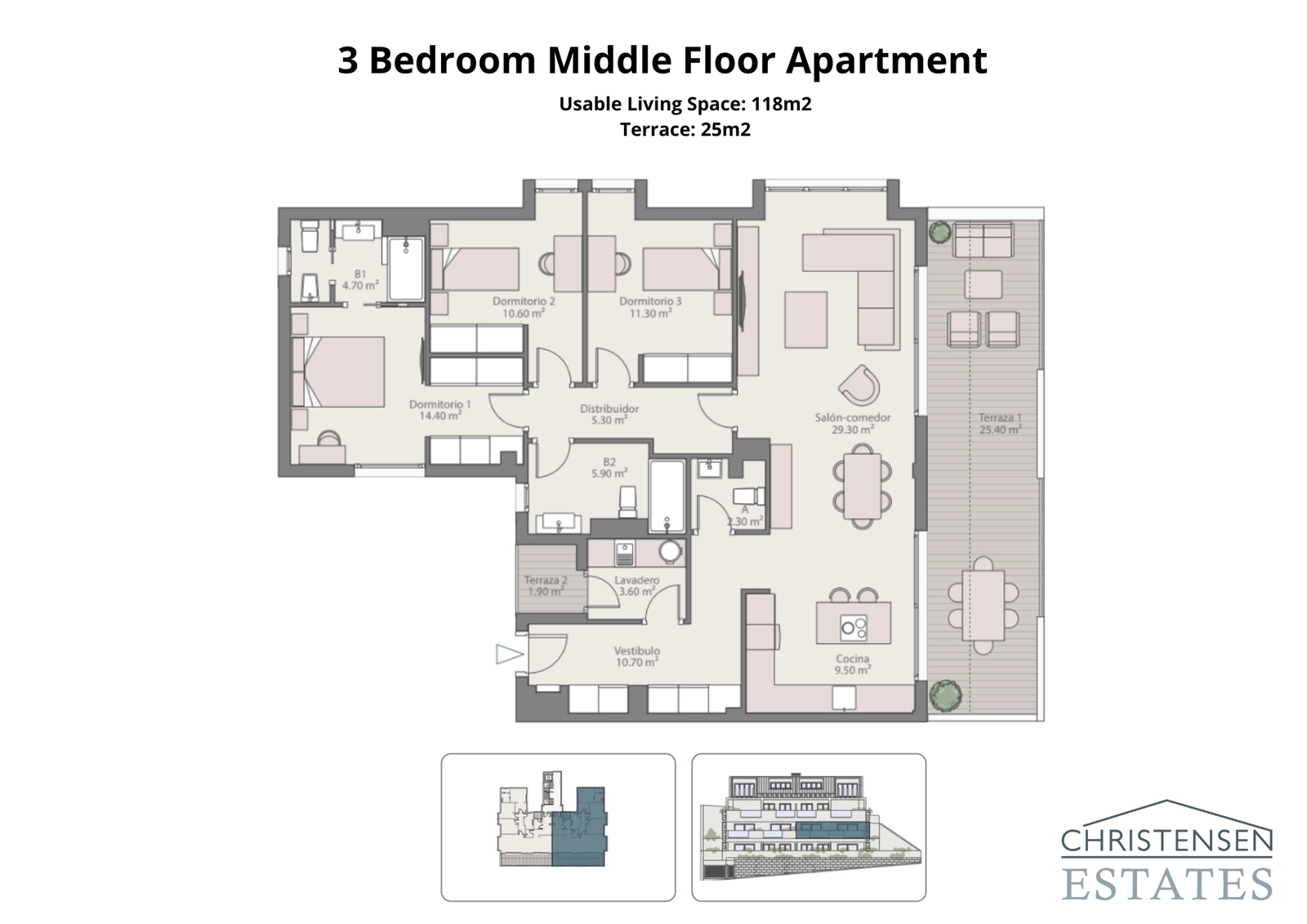 En rummelig treværelses lejlighedsplan med et generøst opholdsrum og to terrasser for indendørs-udendørs liv.