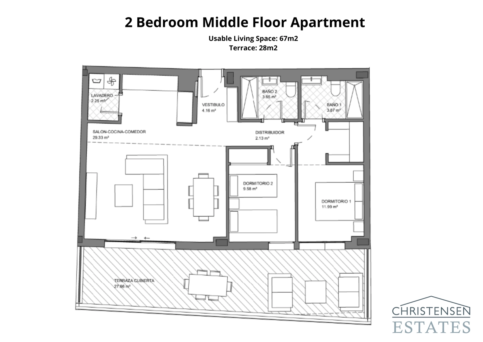 Denne to-værelses lejlighedsplan har et åbent opholdsområde, der flyder ud på en rummelig terrasse, perfekt til indendørs-udendørs liv.