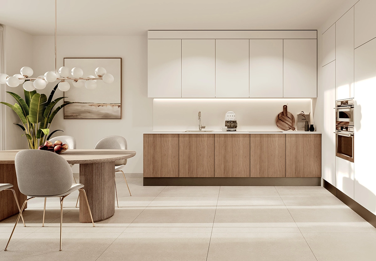 Elegante, åbne køkkener er fuldt udstyret med hvidevarer og finish af høj kvalitet.