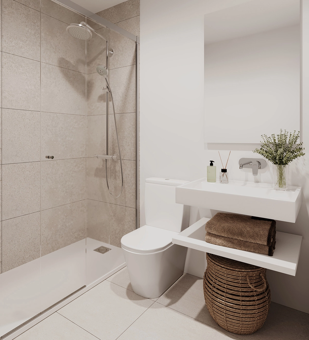 Elegante badeværelser har moderne design og materialer af høj kvalitet for en spa-lignende følelse.