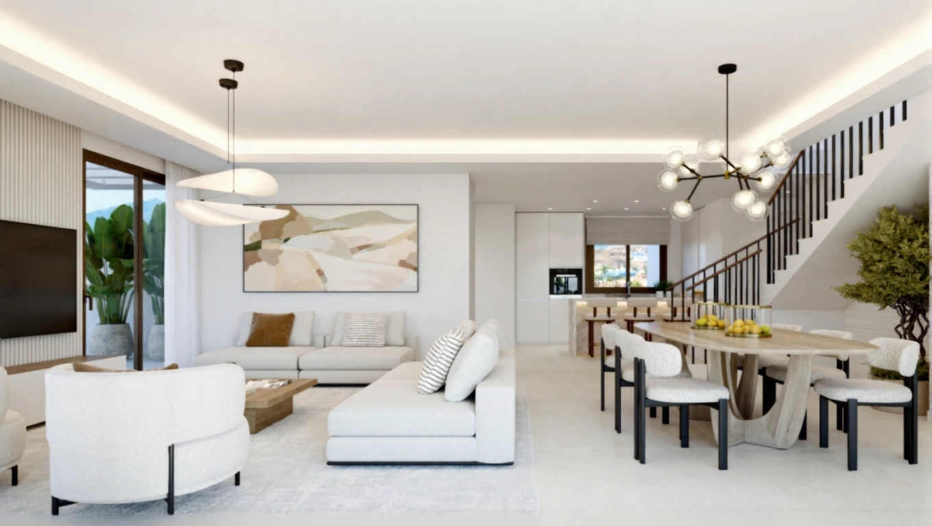 Elegant interiør kombinerer moderne design med en varm, indbydende atmosfære til afslapning og underholdning.